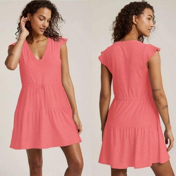 Beyond Yoga Featherweight Out & About Ruffle Mini Dress Tier Drawstring Peach S - Picture 1 of 12